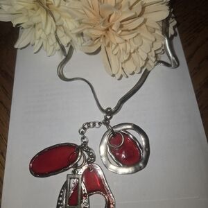 Silver Necklace with Red Glass Pendant Charms - Women Jewelry